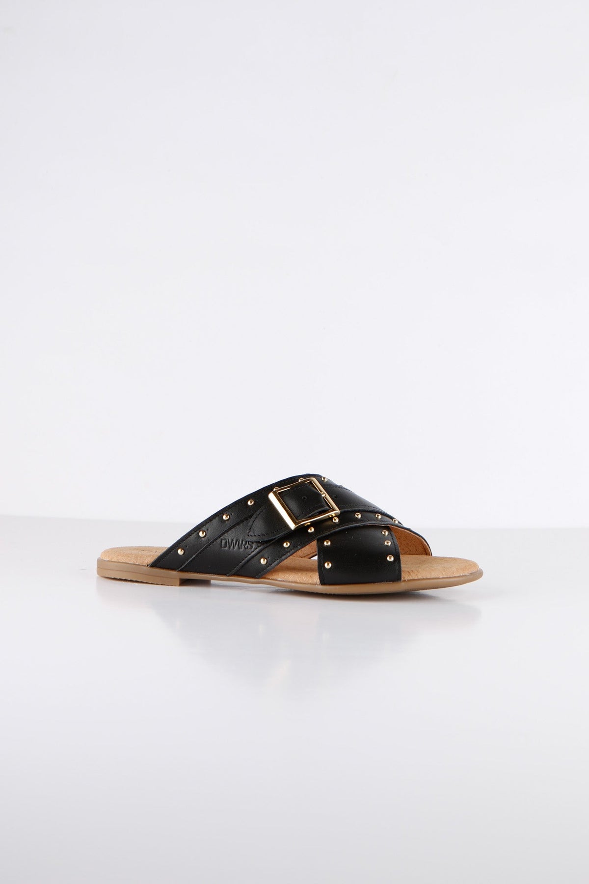 DWRS MICCO zwarte leren slipper dames met studs en gouden gesp en gekruiste bandjes.