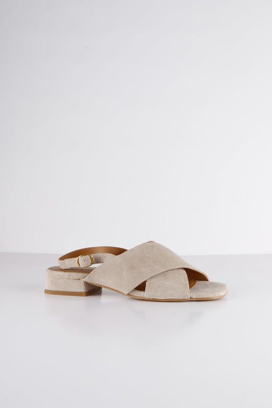 DWRS Elvas sand suede slingback sandaal dames met gekruiste banden en lage hak