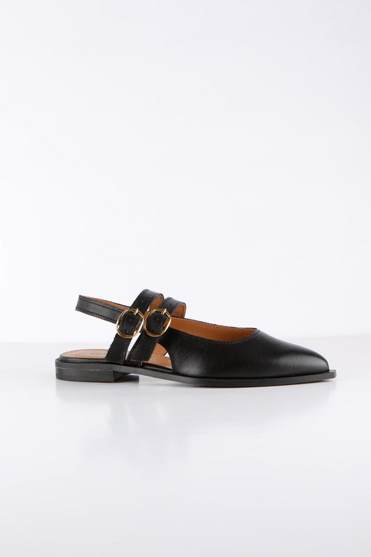 DWRS PORT LA BELLE zwarte leren slingback dames met dubbele bandjes en gouden gespen zijaanzicht.